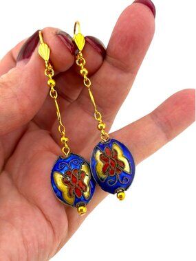 Blue Butterfly Cloisonné Enamel Dangle Earrings Gold Leverback Boho